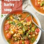 Bowl of Vegetable Barley Soup with Text Overlay Reading "Vegetable Barley Soup".