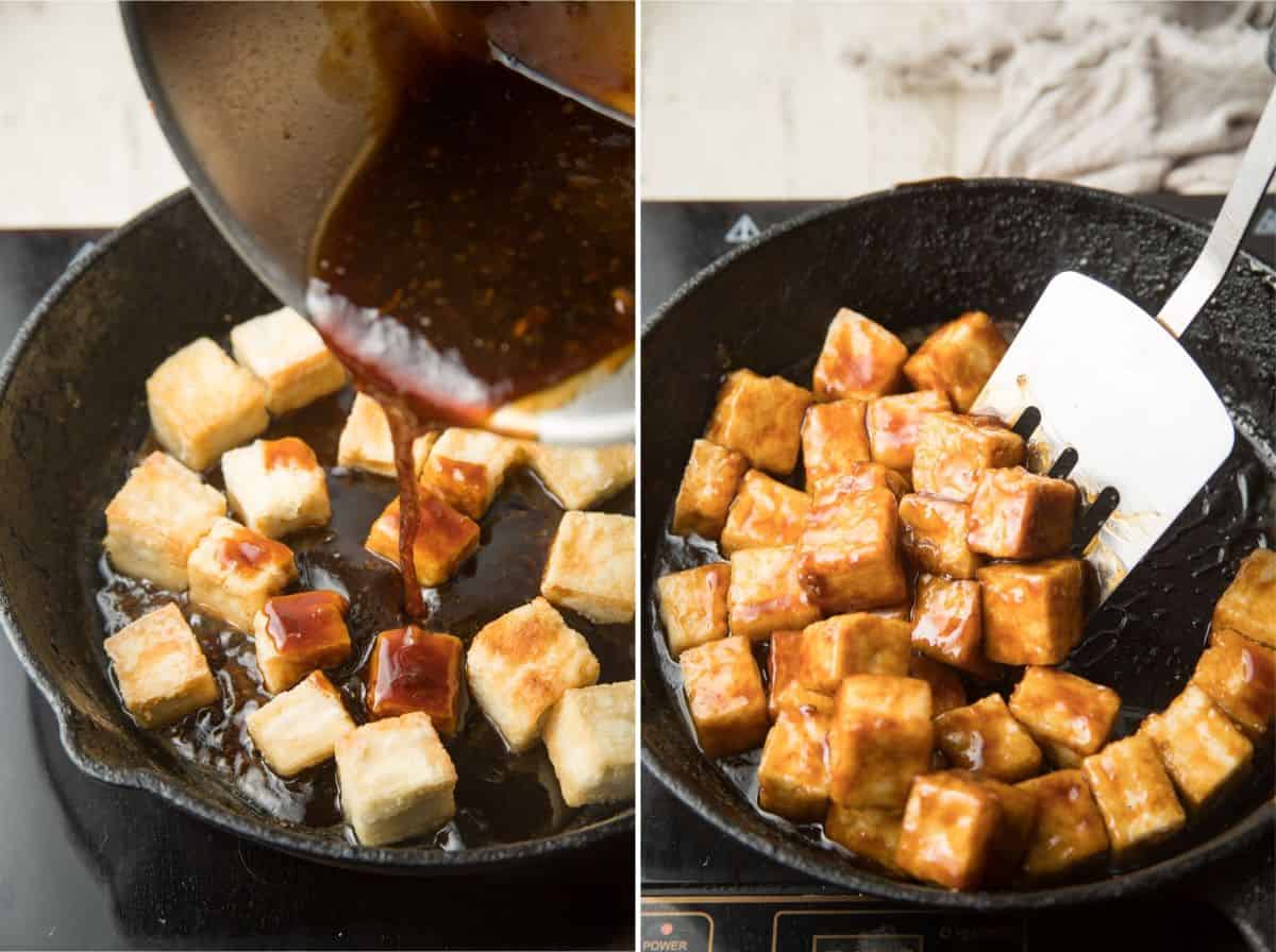 Dos imágenes que muestran dos etapas o la cocción del tofu en salsa de sésamo.