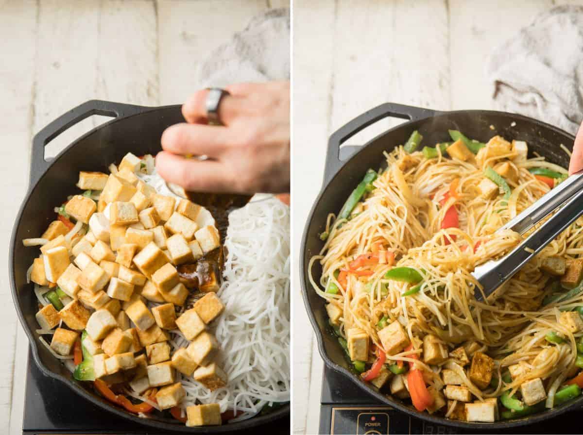 Collage Showing Last Two Steps for cooking Vegan Singapore Noodles.