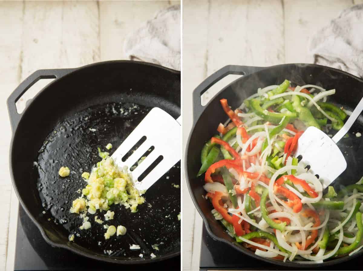 Collage showing first two steps for cooking Vegan Singapore Noodles.