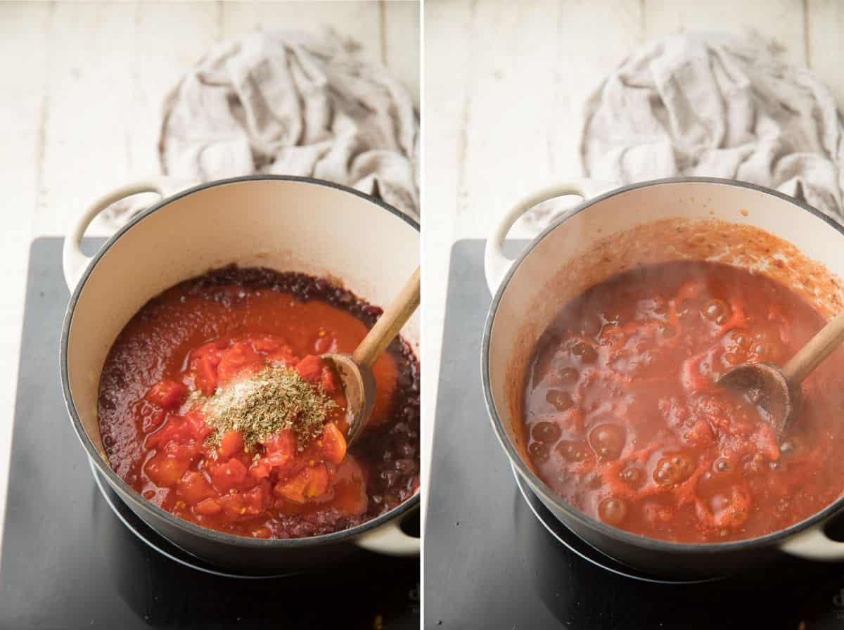 Side by side images showing last two stages of tomato sauce cooking in a pot.