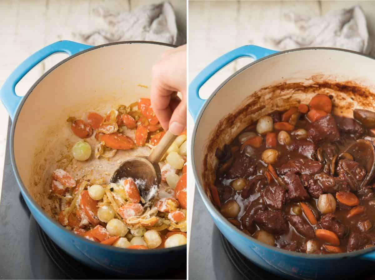Collage Showing Two Stages of Cooking Vegan Coq au Vin in a a pot.