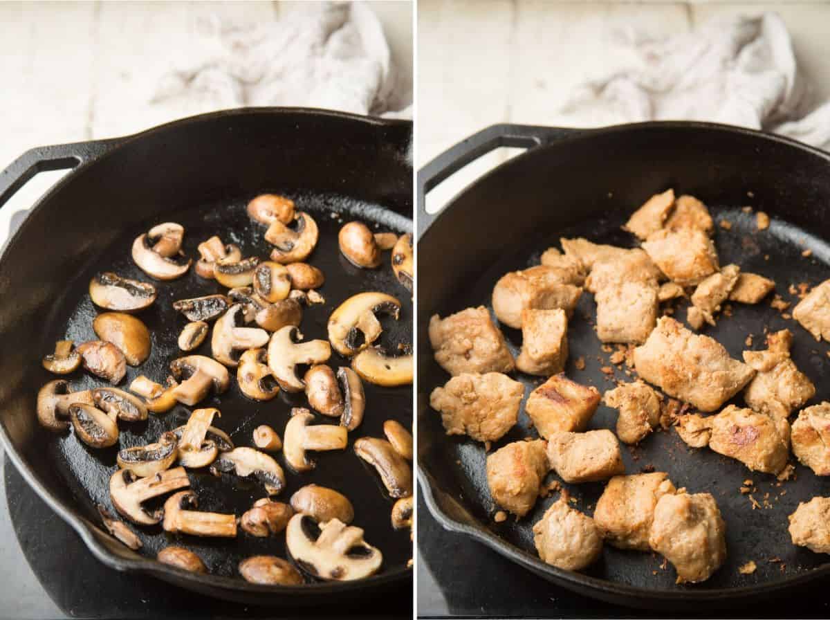 Collage Showing mushrooms sizzling in a skillet and seitan sizzling in a skillet.