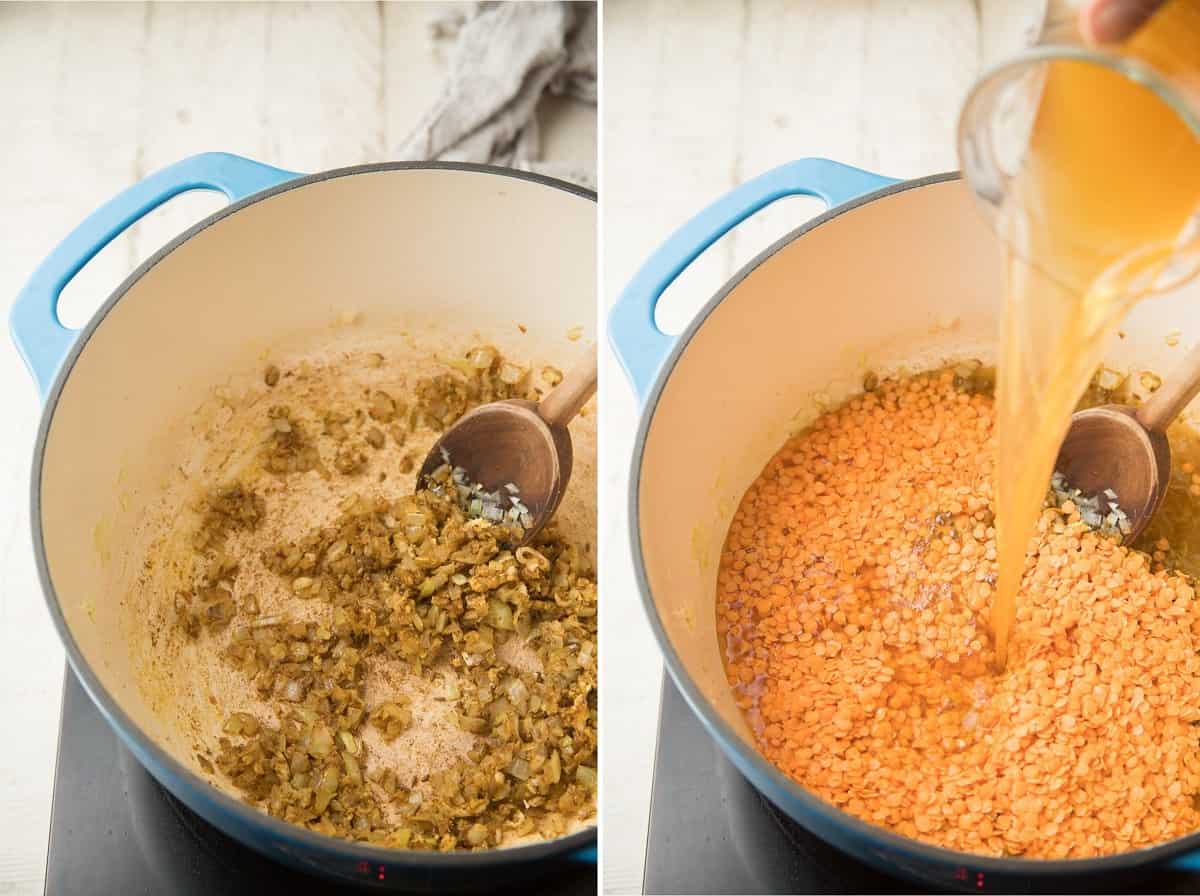 Collage Showing first two steps for making Dal Soup.