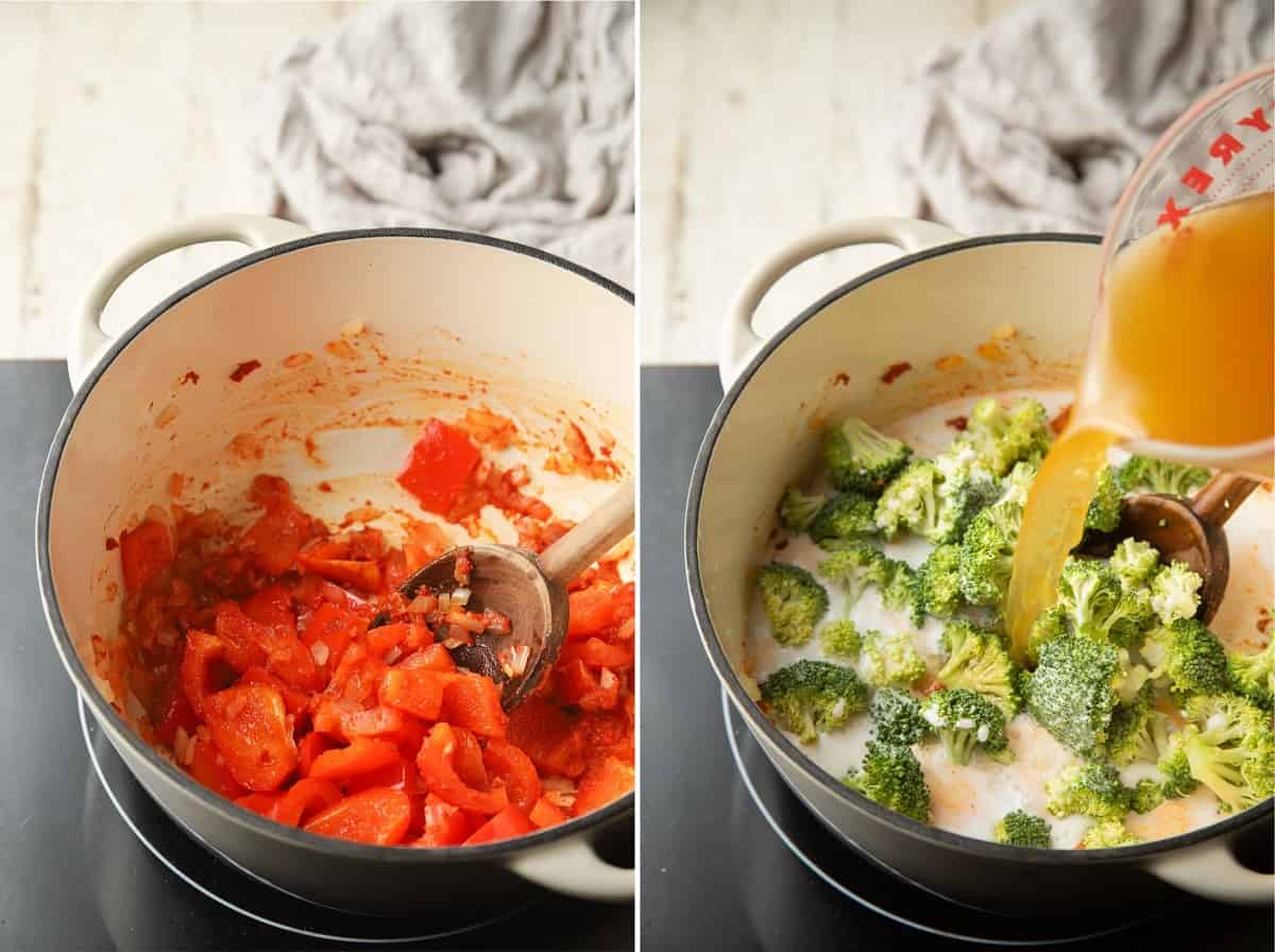 Collage con los 2 primeros pasos para cocinar una sopa de fideos con curry rojo.