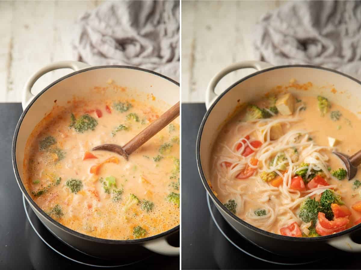 Collage con los últimos 2 pasos para cocinar sopa de fideos con curry rojo.
