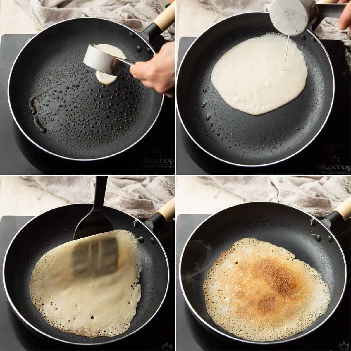 Collage Showing 4 steps for cooking a Vegan Crepe in a skillet.