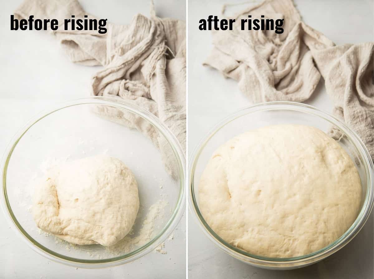Side by side images showing Vegan English Muffin dough before and after rising.