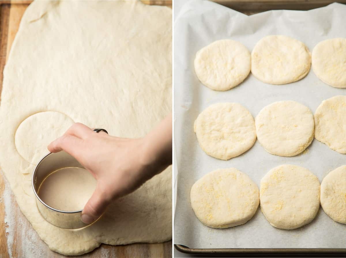 Dos imágenes que muestran una mano cortando muffins ingleses veganos de la masa, cortando círculos de masa en una bandeja para hornear.