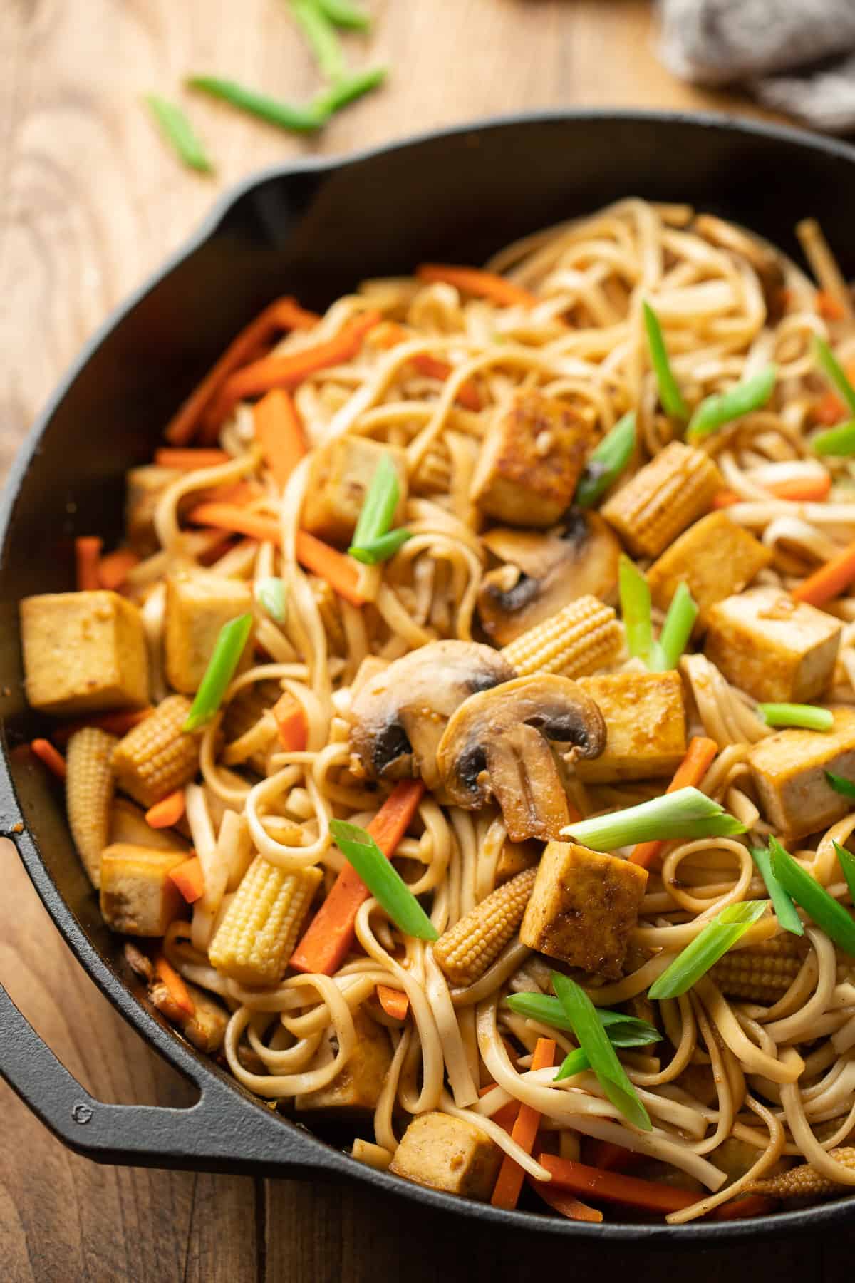 Close up of Vegan Lo Mein in a skillet.