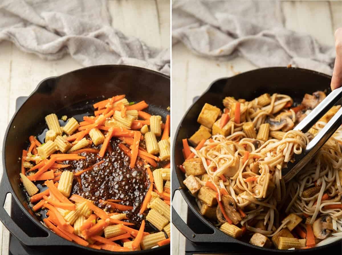 Collage Showing Last Two Stages of Cooking Vegan Lo Mein in a Skillet.
