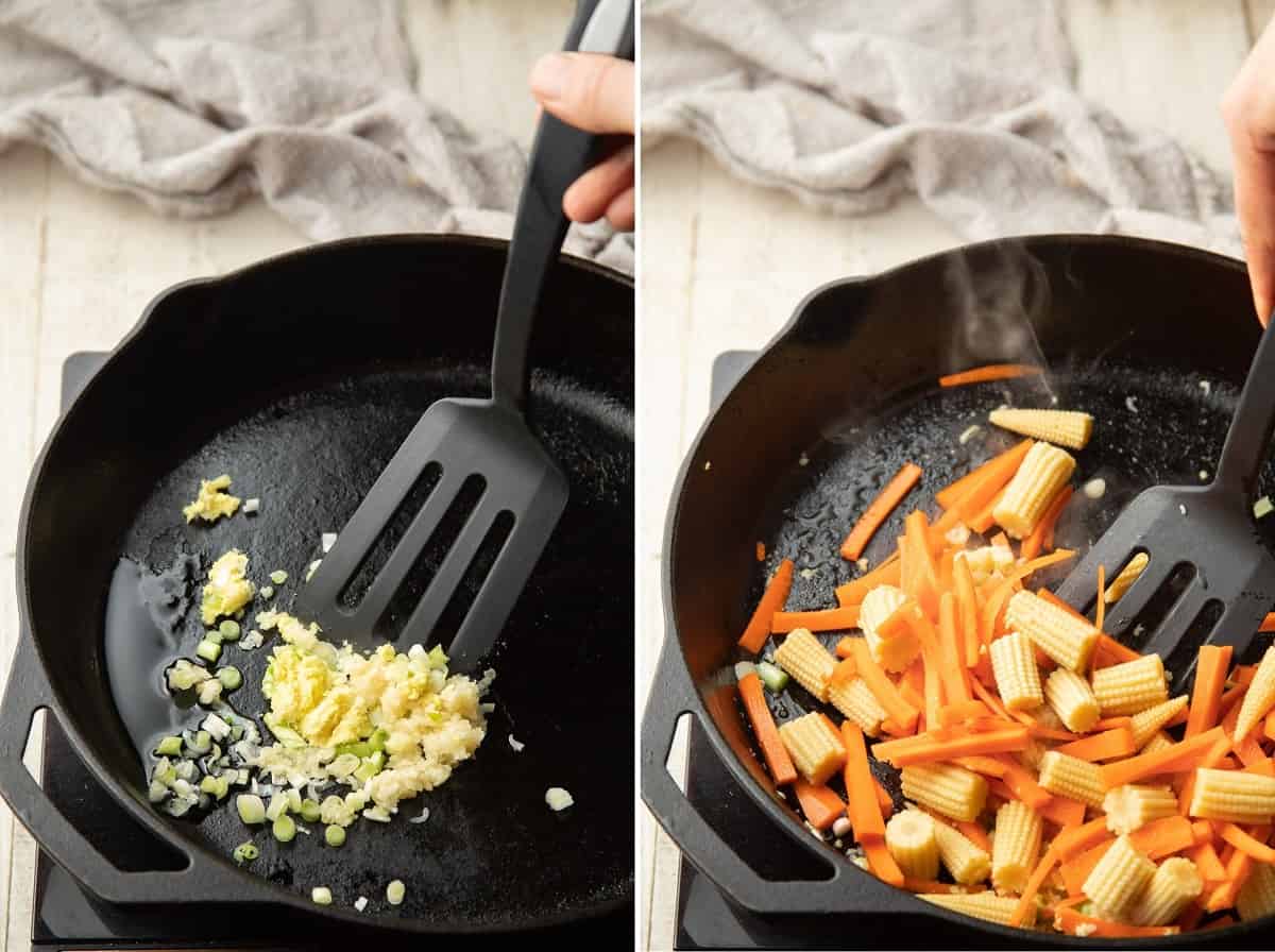 Skillet Showing first two stages of cooking Vegan Lo Mein in a skillet.