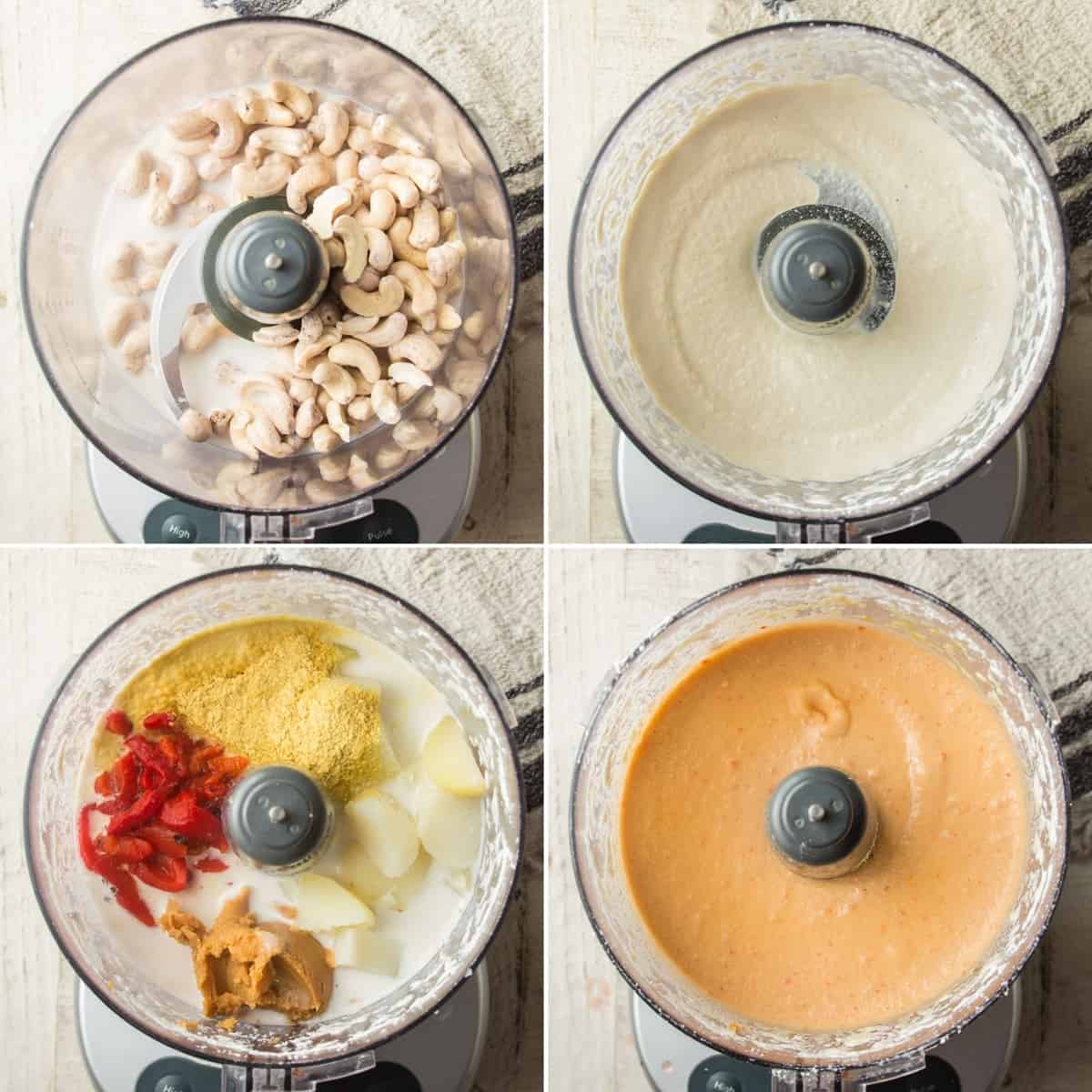 Collage showing 4 steps for blending vegan cheese sauce in a food processor.