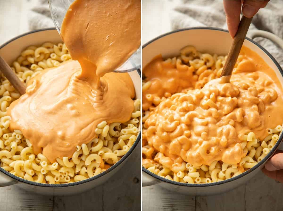 Side by side images showing vegan cheese sauce being poured over noodles, and then stirred into the noodles.