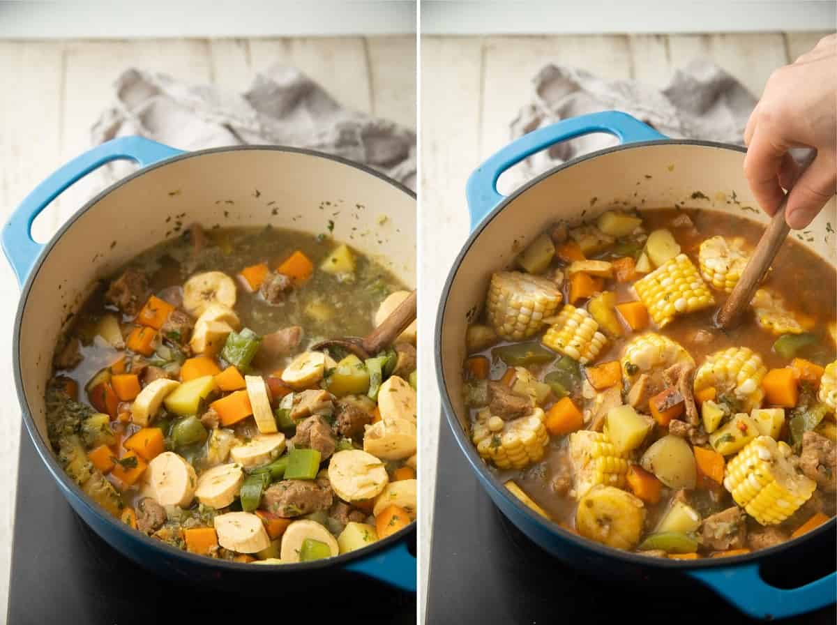 Collage que muestra las dos últimas etapas de la cocción del sancocho vegano en una olla.
