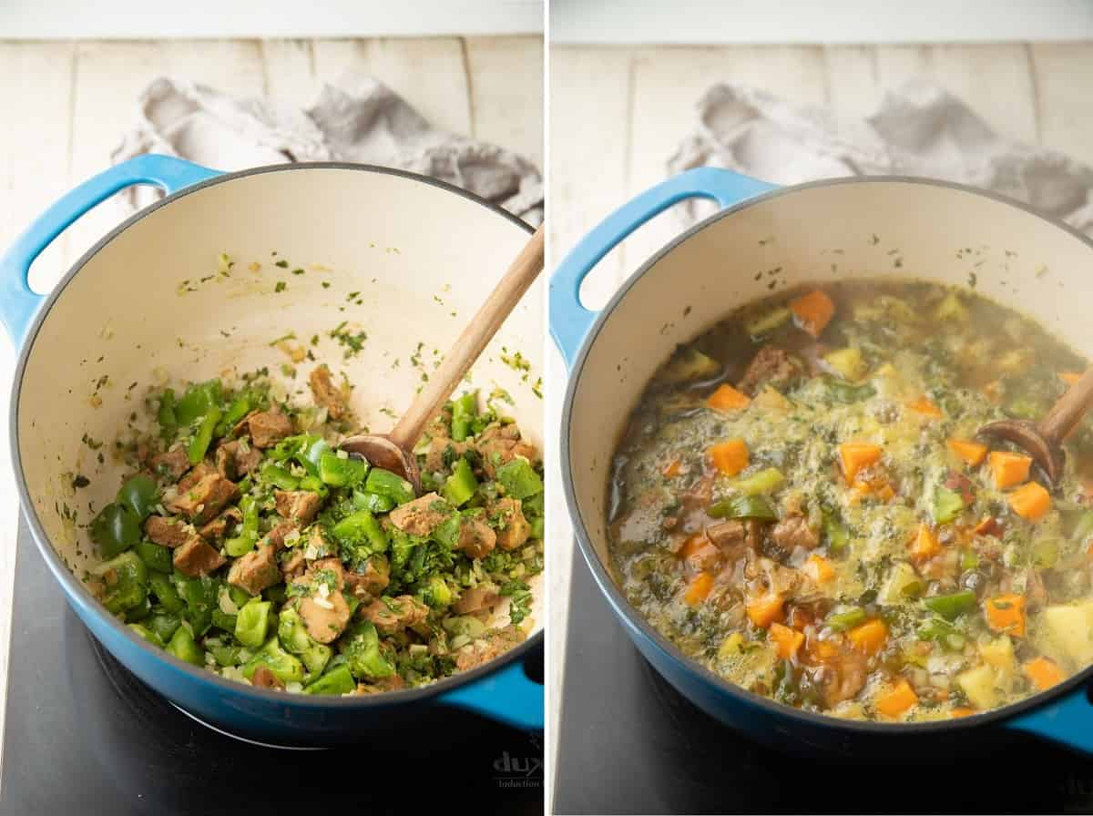 Collage que muestra las dos primeras etapas de la cocción del sancocho vegano en una olla.