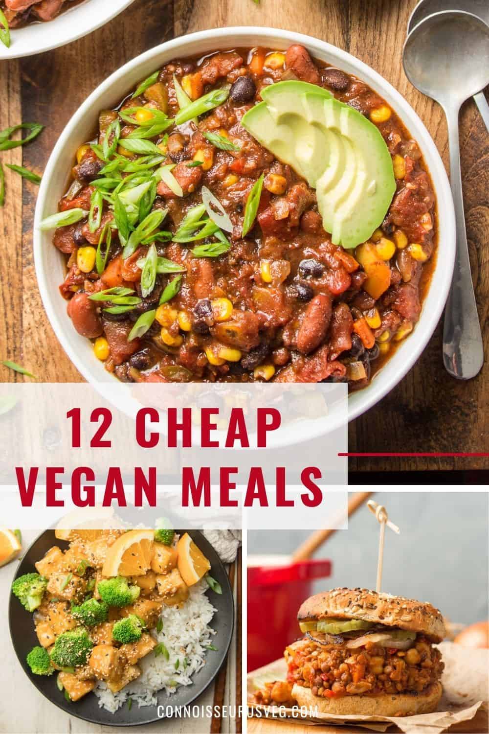 Graphic showing images of food with text overlay reading "12 cheap vegan meals."