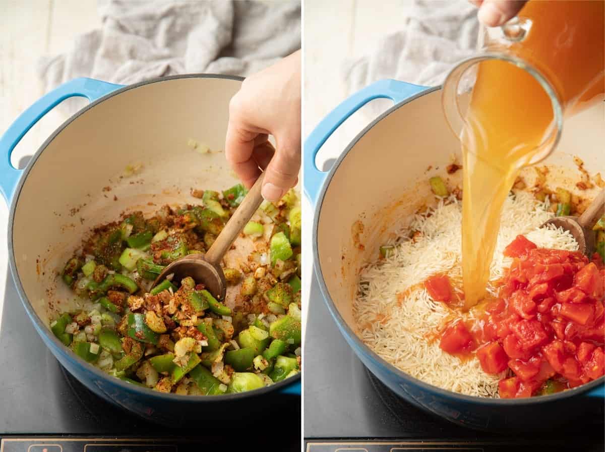 Collage showing first two stages of vegan jambalaya cooking on a stove.
