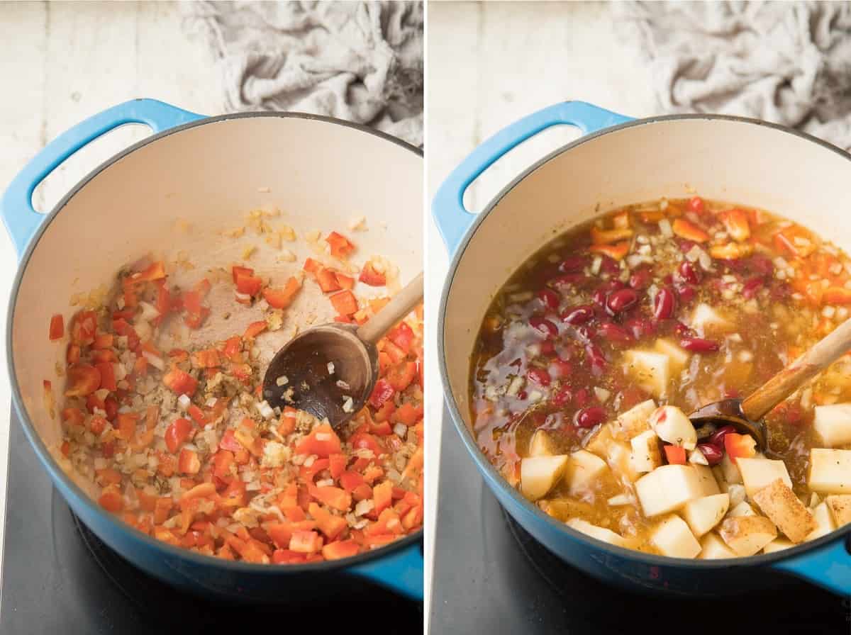 Collage que muestra las dos primeras etapas de cocinar sopa de frijoles en una estufa.