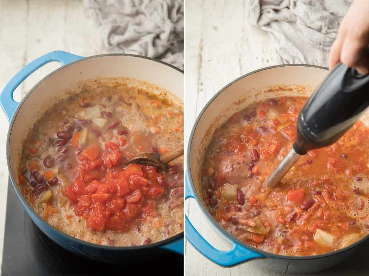 Collage showing stages 3 and 4 of cooking Kidney Bean Soup on a stove.