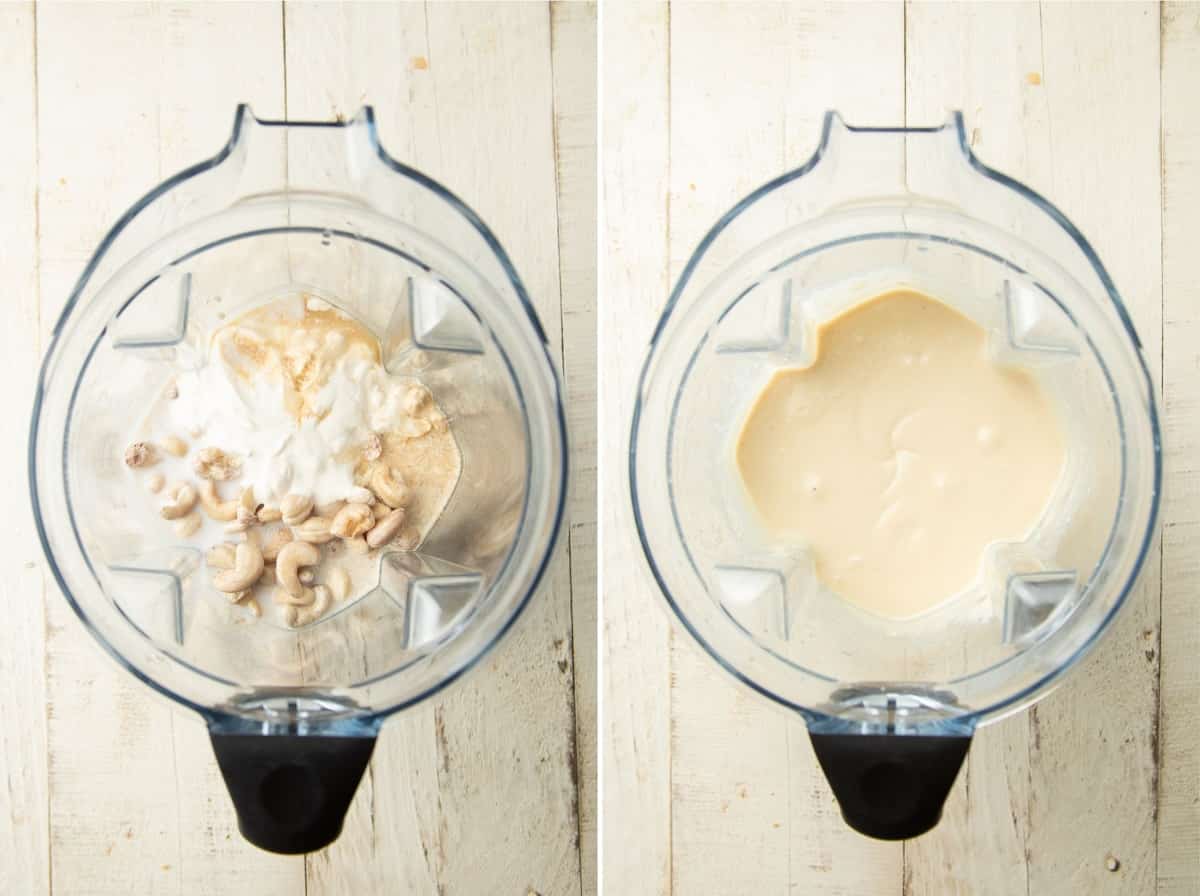 Imágenes una al lado de la otra que muestran los ingredientes del pastel de queso vegano en una licuadora antes y después de licuarlos.