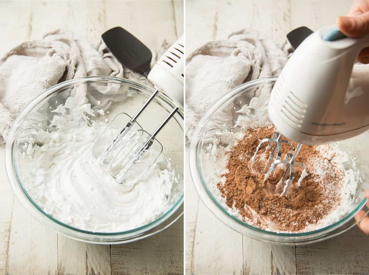 Two images showing two stages of mixing Vegan Chocolate Mousse in a bowl.