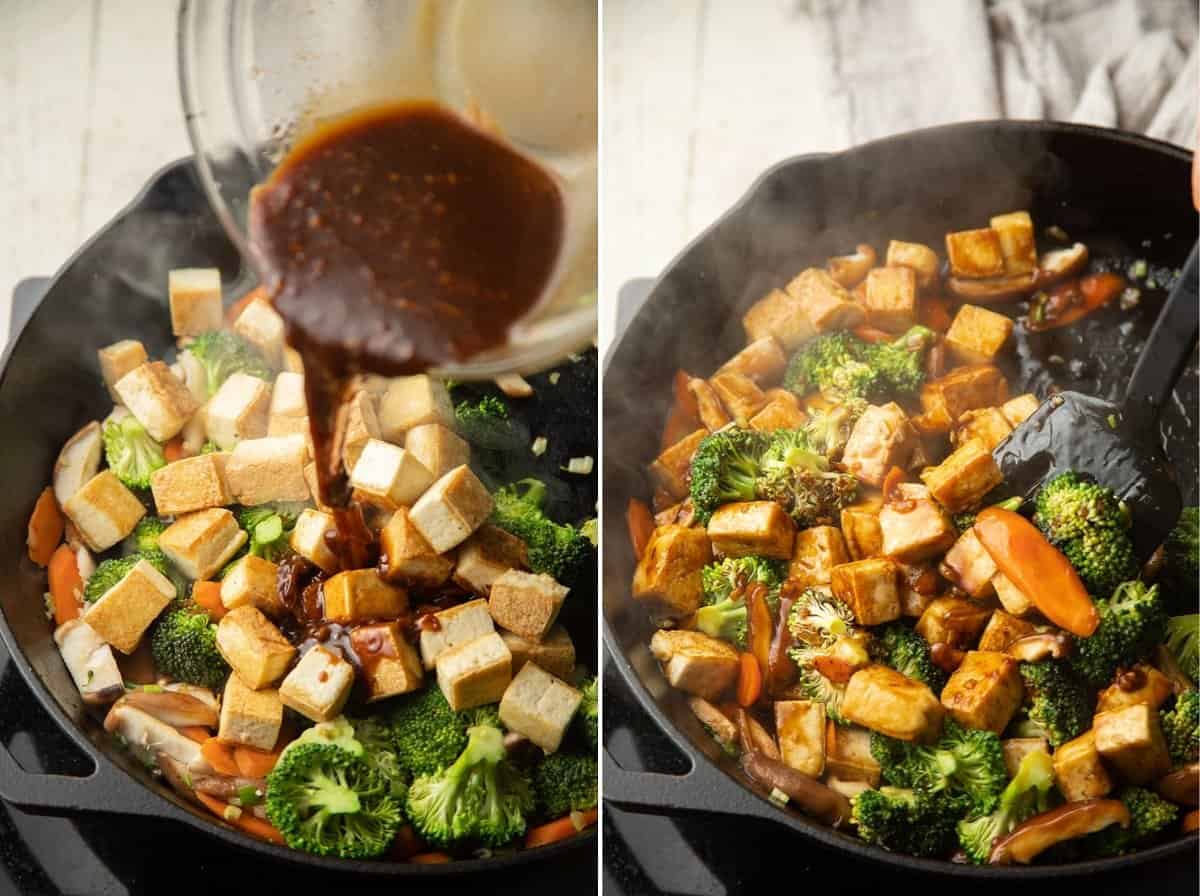 Collage showing last two stages of Tofu Stir-Fry cooking in a skillet.