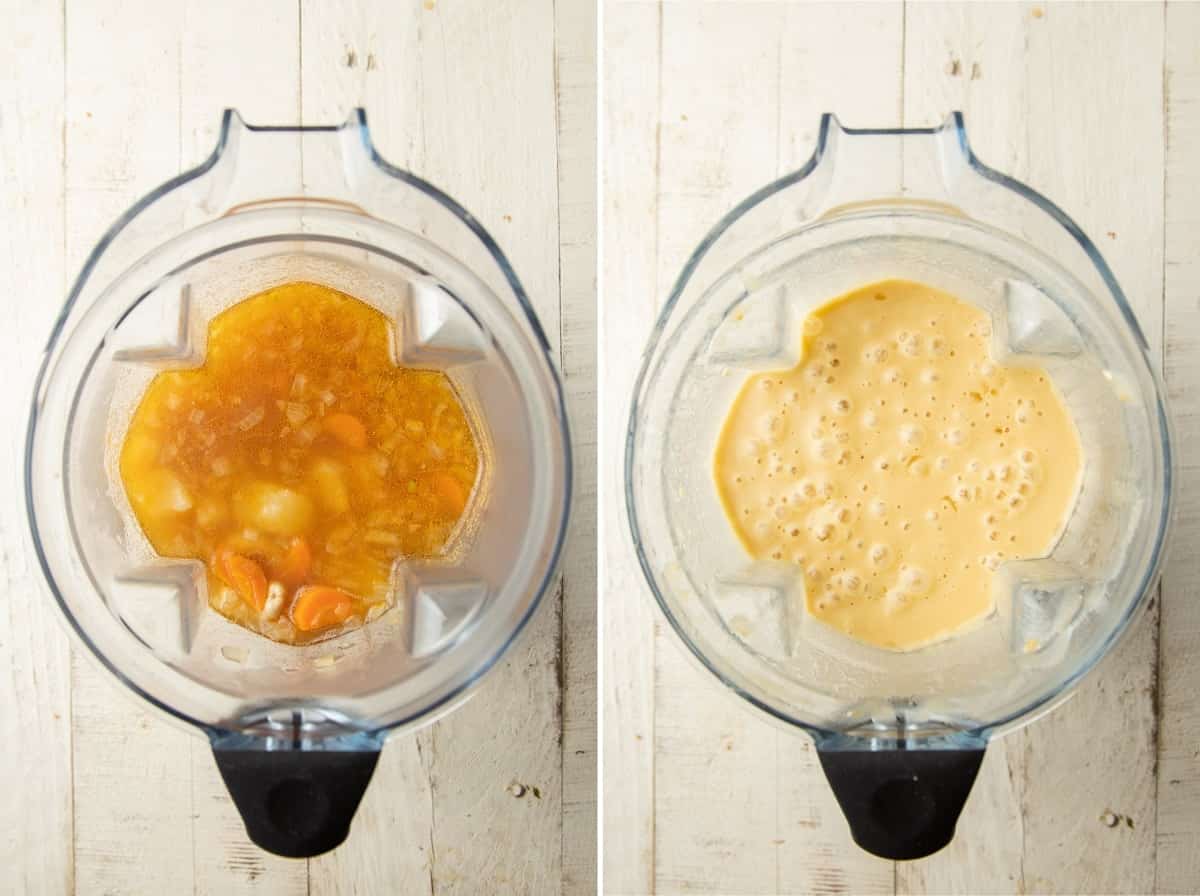 Side by side i mages of Vegan Broccoli Cheddar Soup base in a blender before and after blending.