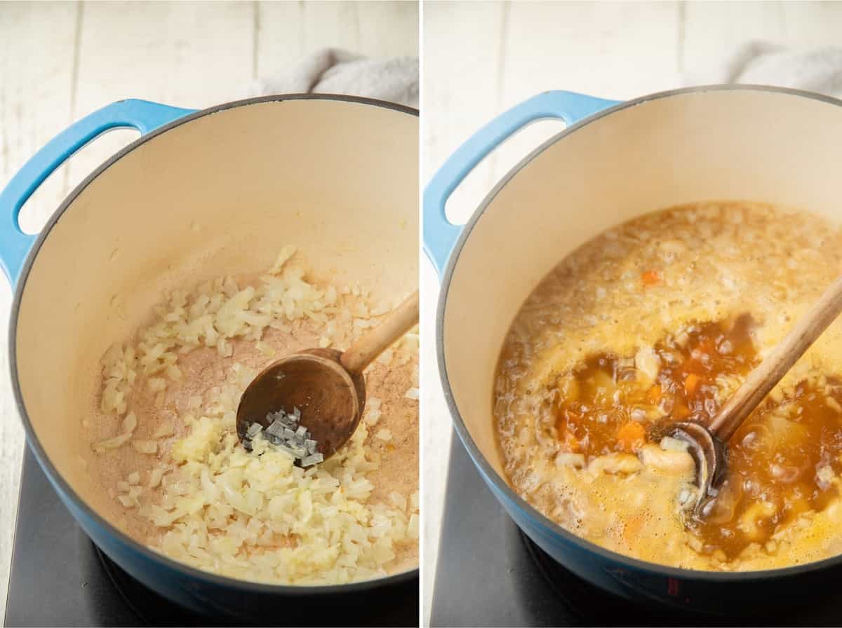Collage showing two stages of Vegan Broccoli Cheddar Soup cooking in a pot.