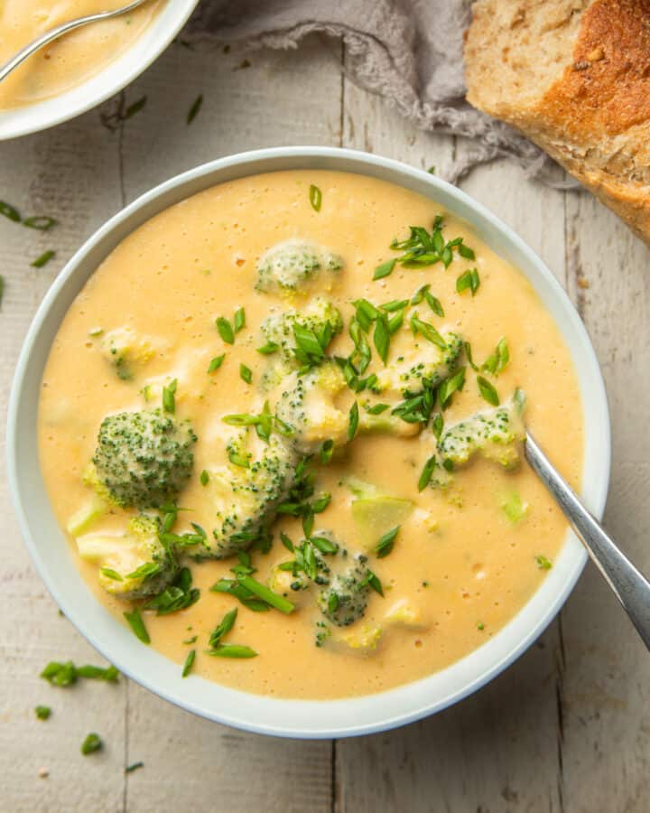 Bowl of Vegan Broccoli Cheddar Soup with Spoon