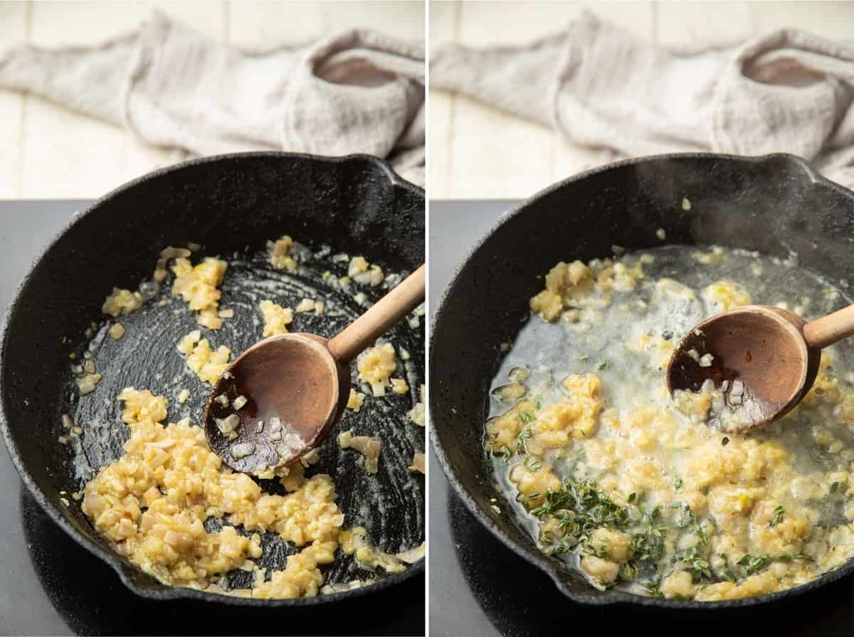 Collage que muestra las dos primeras etapas de cocinar ñoquis veganos con salsa cremosa de ajo y limón en una estufa.