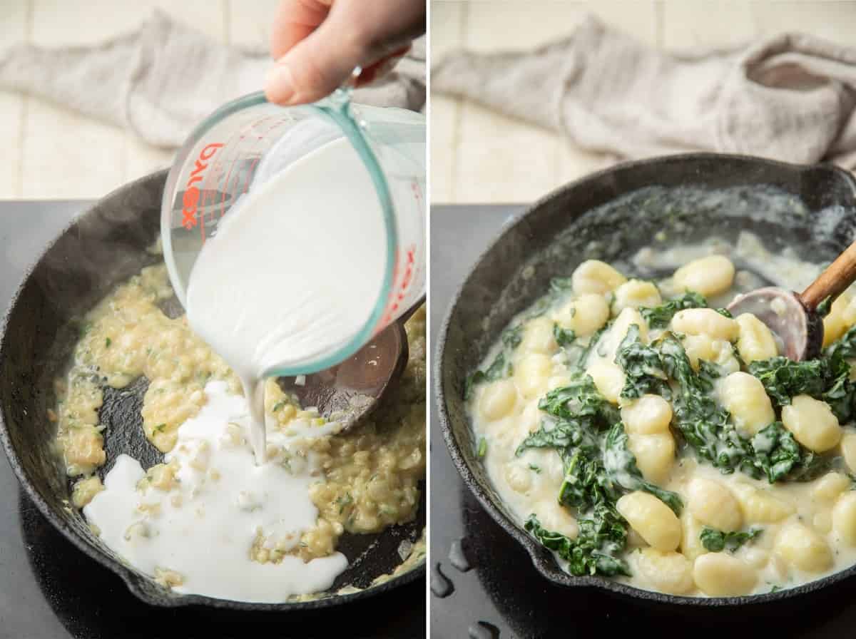 Collage que muestra las dos últimas etapas de la cocción de ñoquis veganos con salsa cremosa de ajo y limón en una estufa.