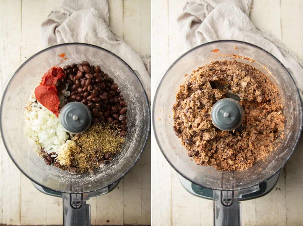 Side by side images showing ingredients for Vegan Meatballs in a food processor before and after blending.