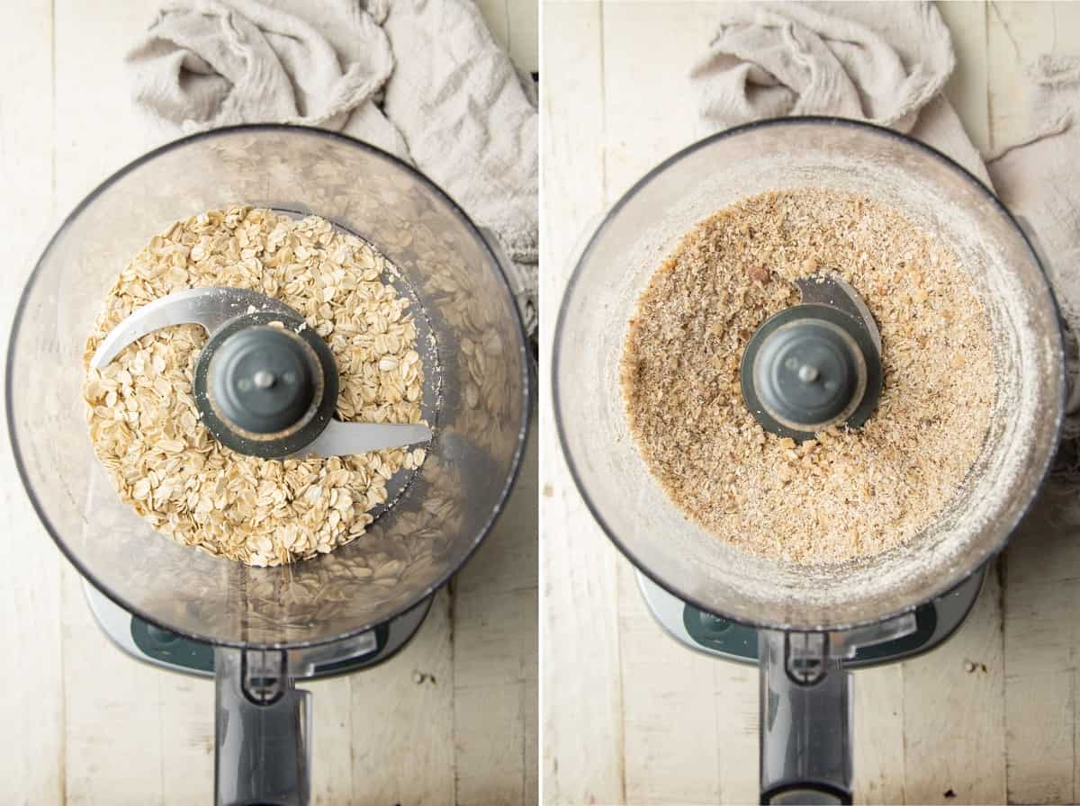 Side by side images showing whole oats, then blended oats and walnuts in a food processor.
