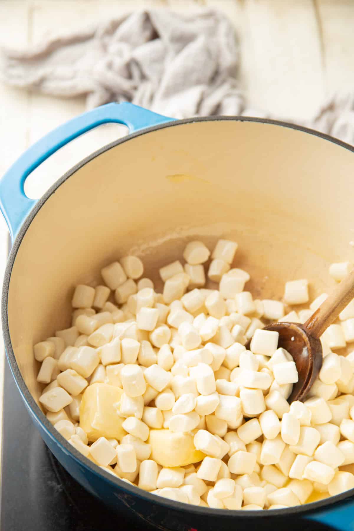 Vegan marshmallows and butter in a large pot.