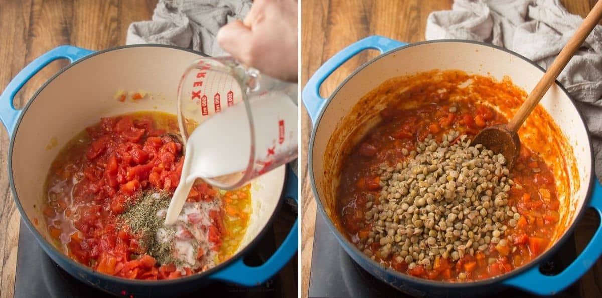 Collage showing third and fourth steps for making Lentil Bolognese.