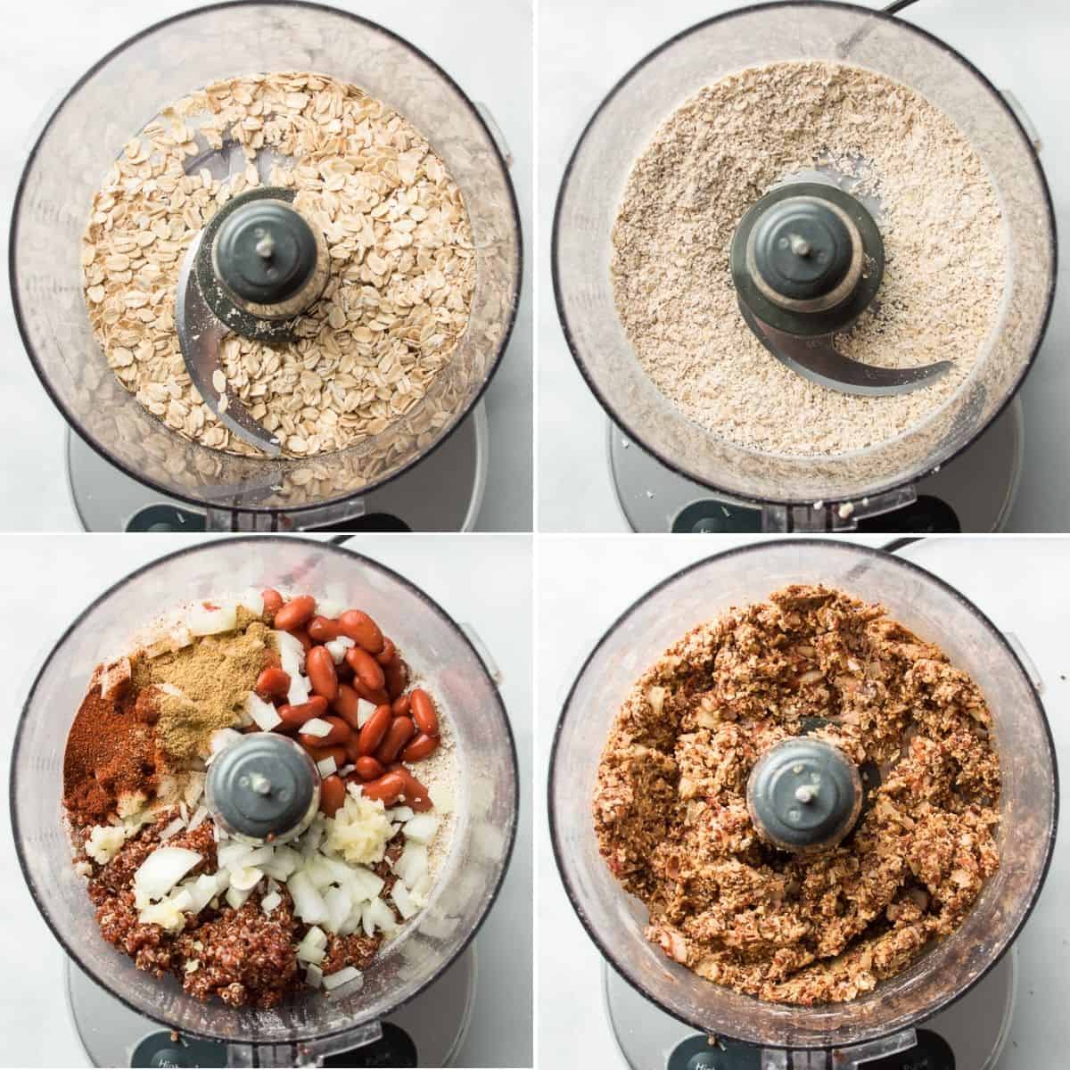 Collage showing 4 steps for blending quinoa burger base in a food processor.