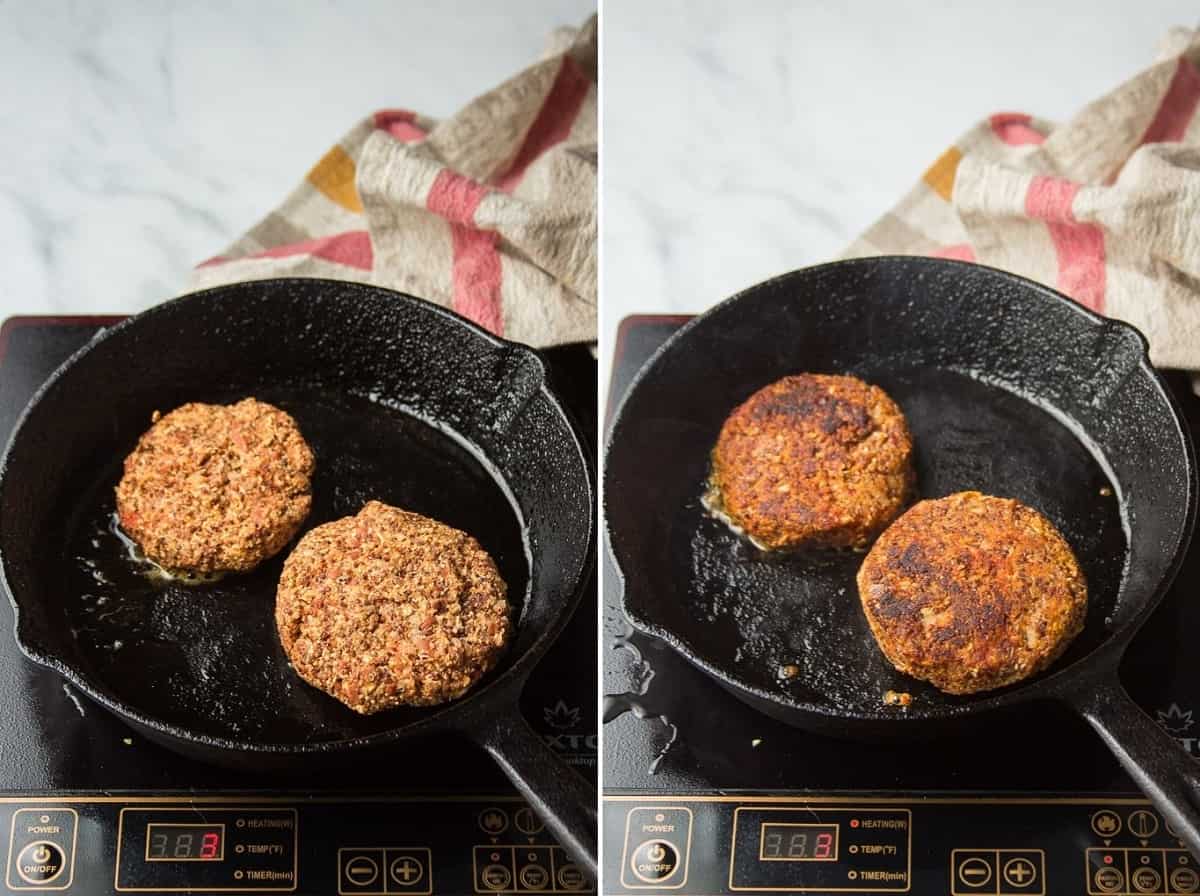 Collage showing two stages of quinoa burgers cooking in a skillet.