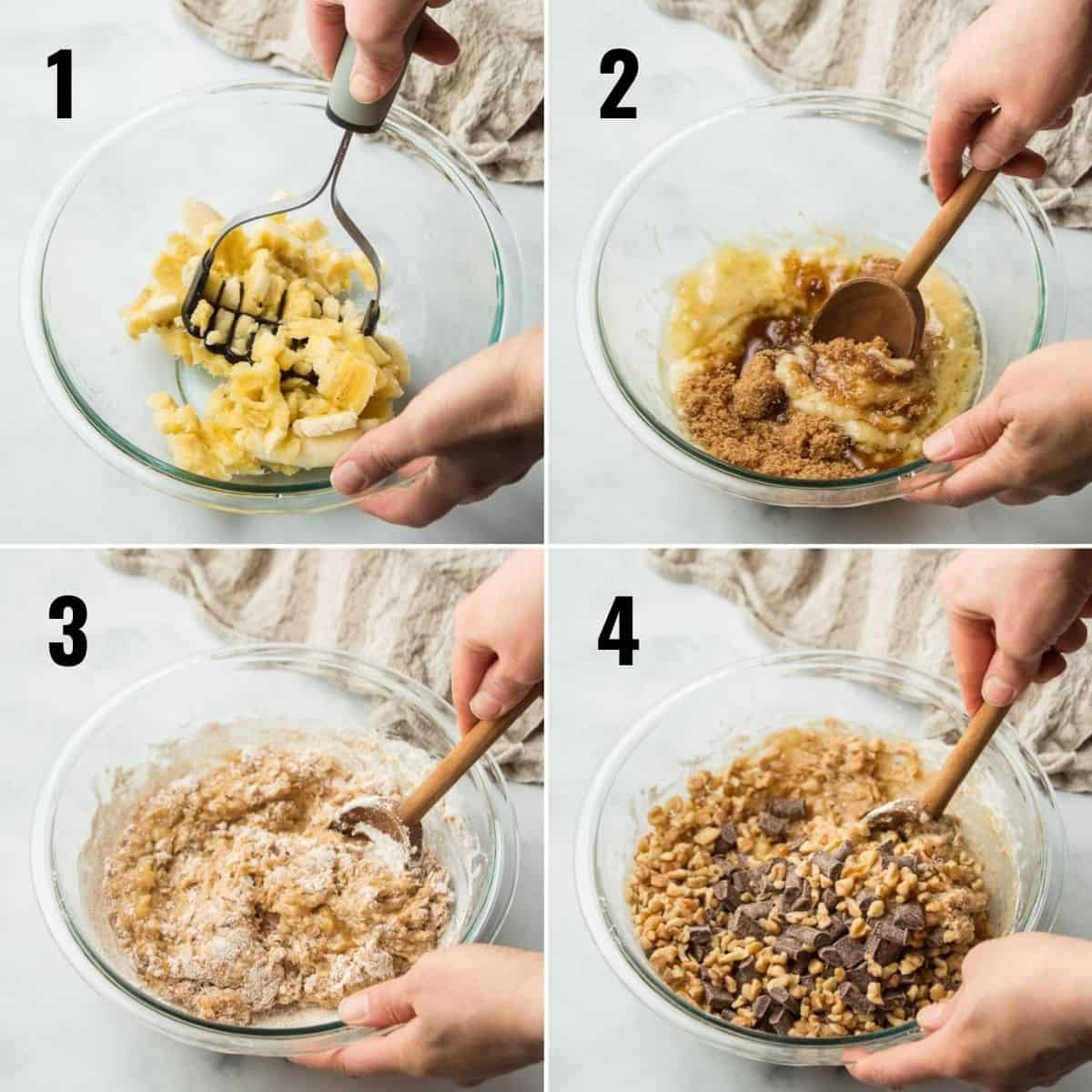 Collage showing 4 steps to making vegan banana muffin batter.