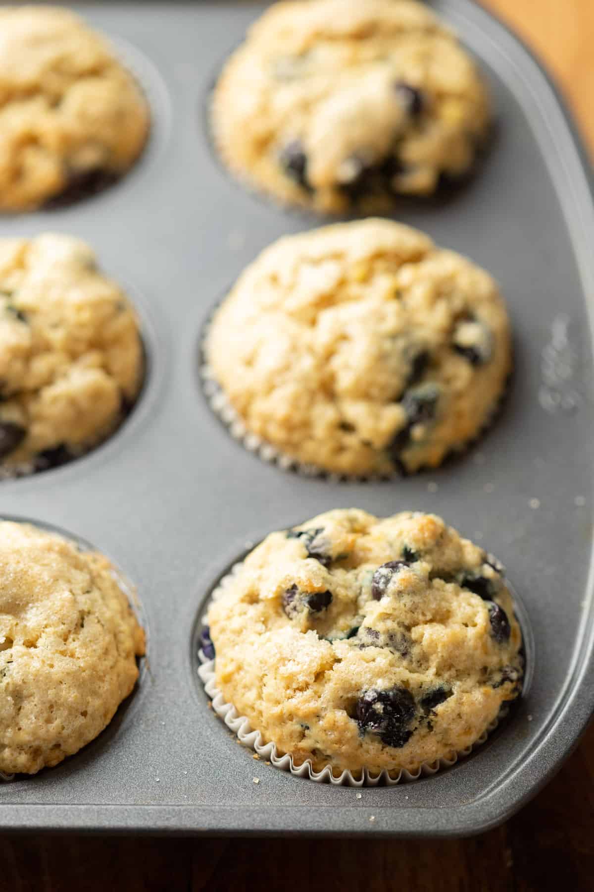 Vegan Blueberry Muffins in a muffin tin.