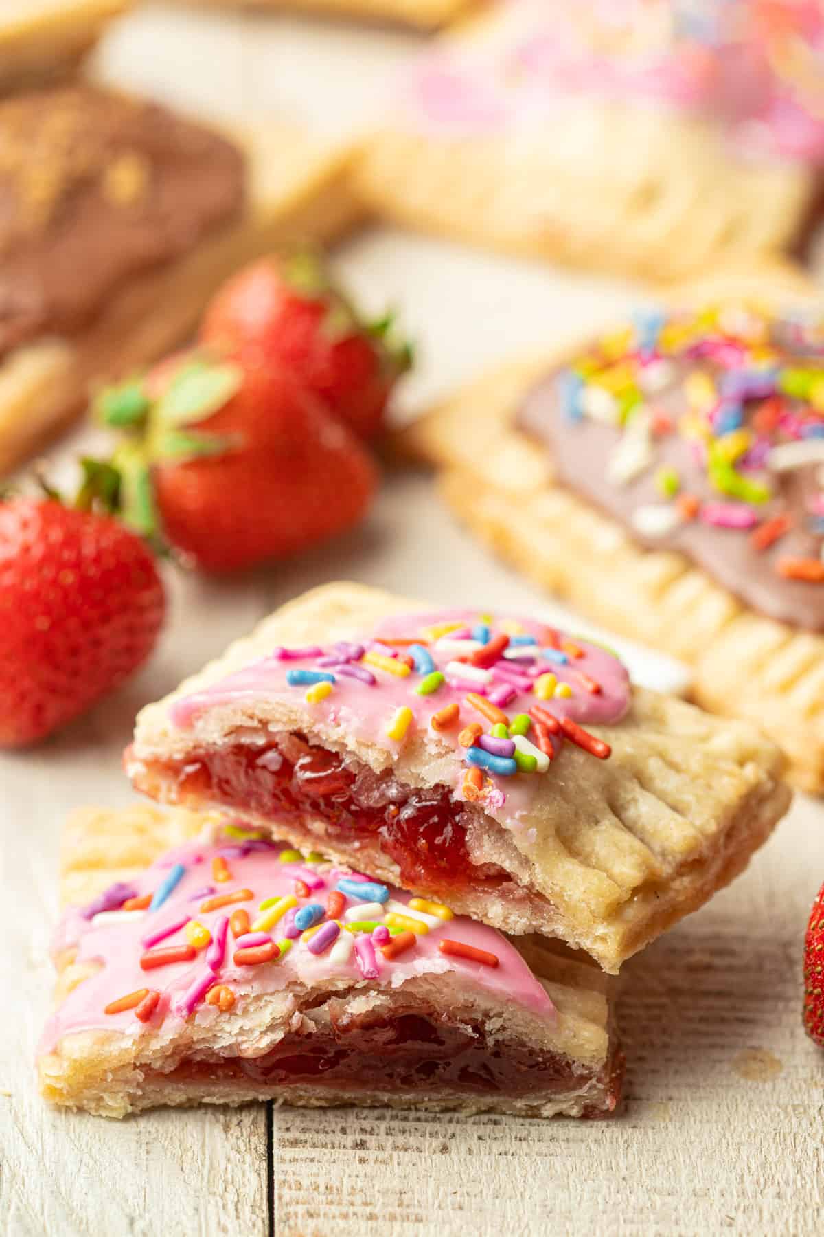 Two halves of a Vegan Pop Tart stacked on top of each other.