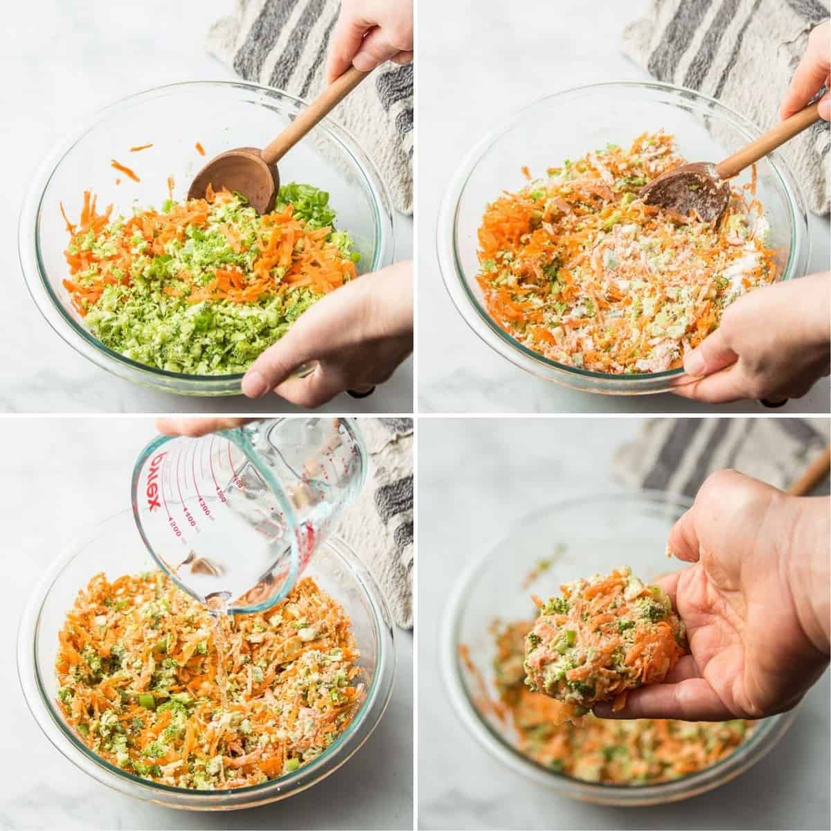 Collage showing 4 steps for mixing Vegetable Fritter batter.