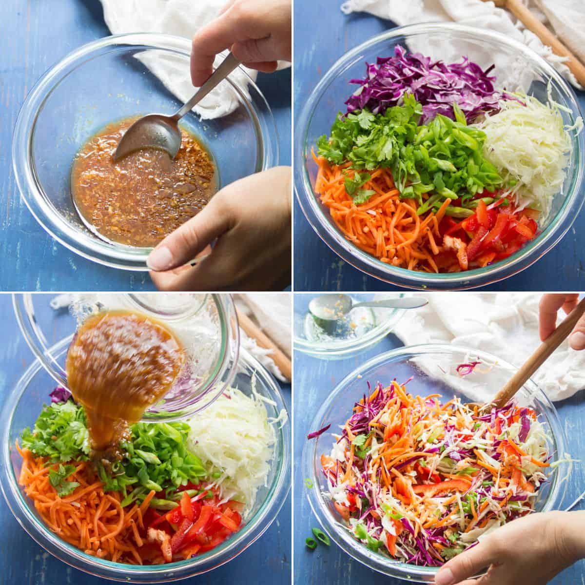 Collage showing the 4 steps for making Asian Slaw.