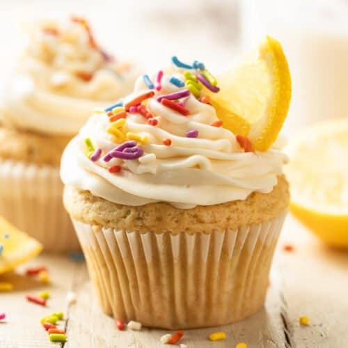 Vegan Lemon Cupcake with Frosting and Rainbow Sprinkles