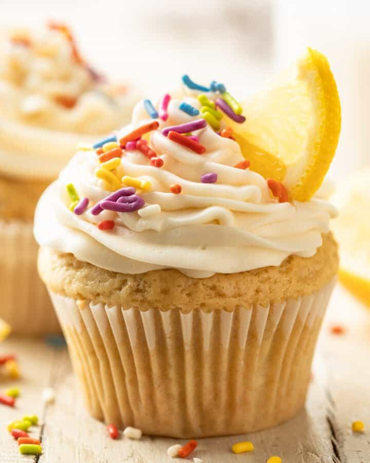 Vegan Lemon Cupcake with Frosting and Rainbow Sprinkles