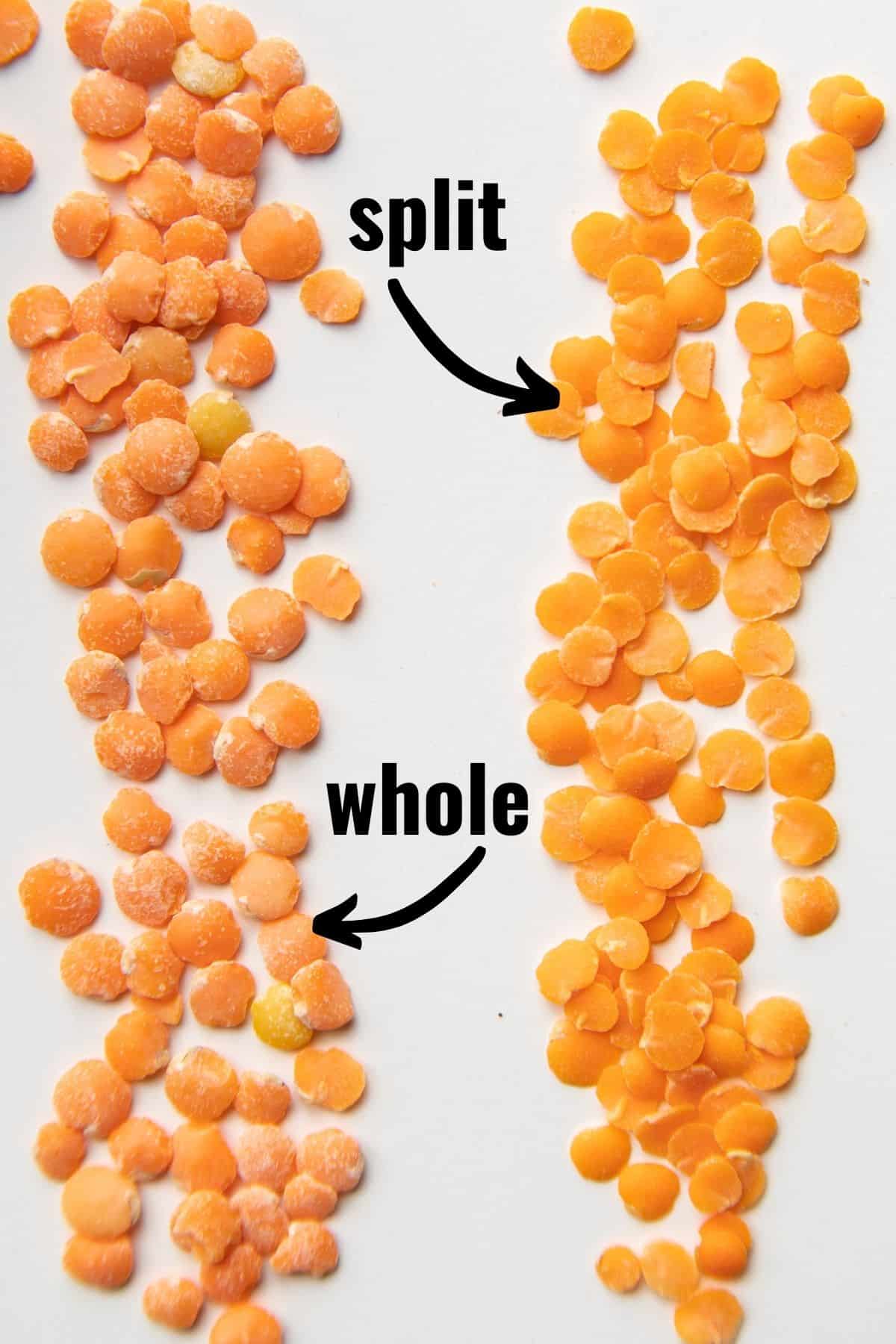 Graphic showing whole versus split red lentils on a white surface.