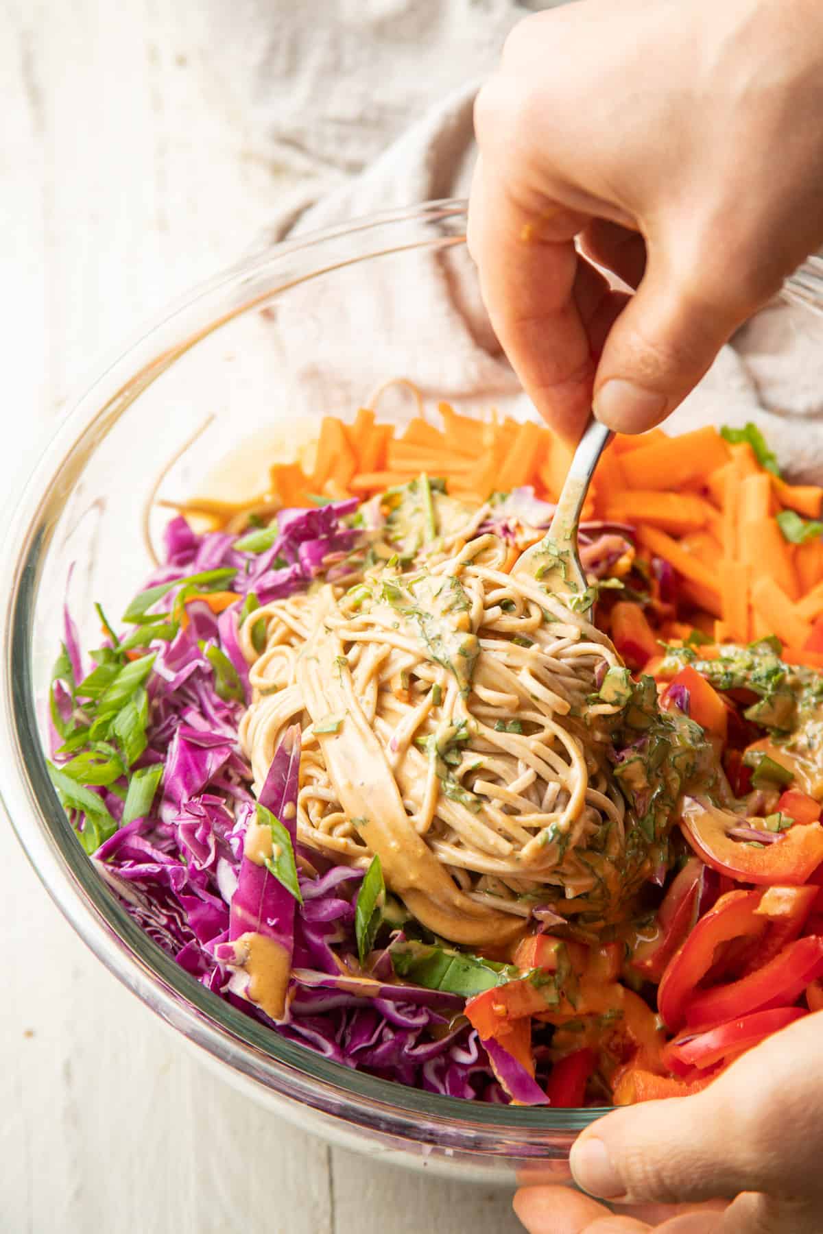 Hand Stirring Vegan Soba Noodle Salad ingredients together in a bowl.