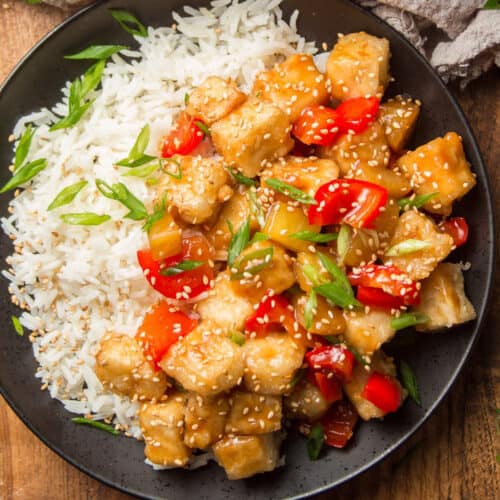 Plate of Sweet & Sour Tofu and rice.
