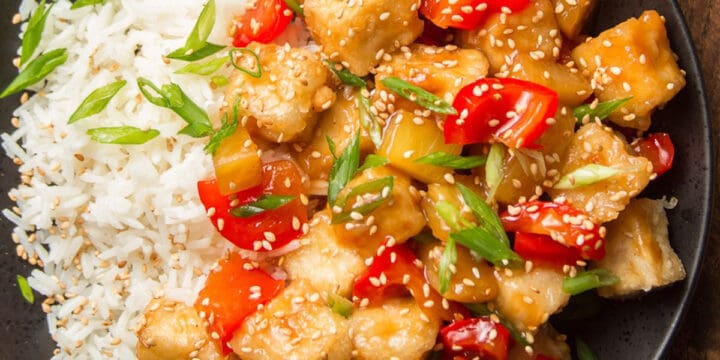 Plate of Sweet & Sour Tofu and rice.