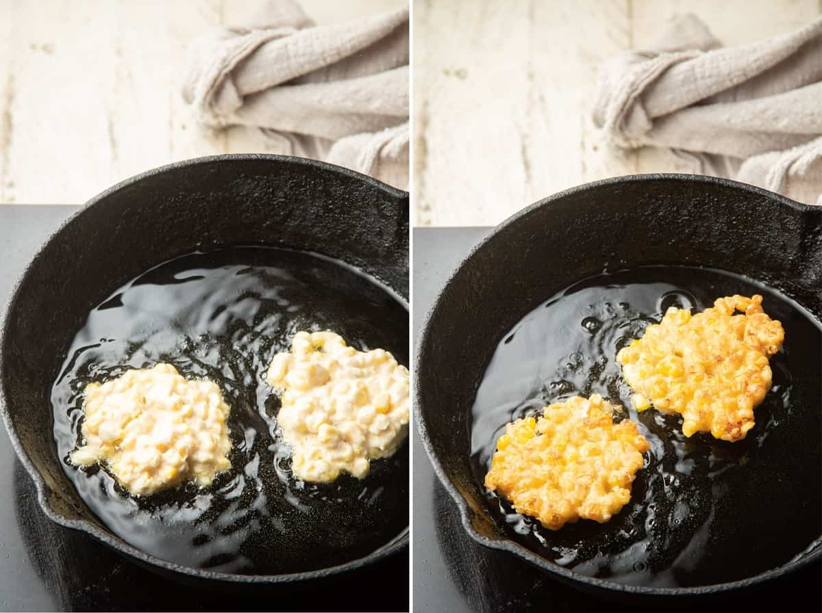 Collage showing two stages of corn fritters cooking in a skillet.